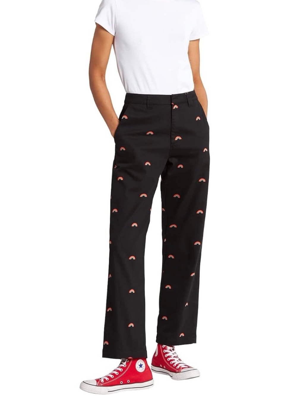 Volcom Women's Frochickie High Rise Boyfriend Fit Chino Pant Rainbow Print